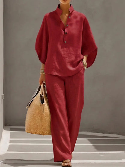 Tabitha | Mandarin Collar Top and Wide-Leg Pant Set