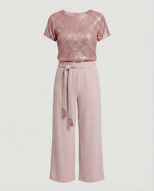 Tatiana sequin top and wide-leg pants set in pink, front view