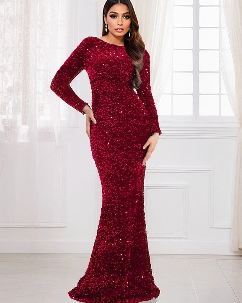 Women's Tekla long sleeve sequin evening dress in Red