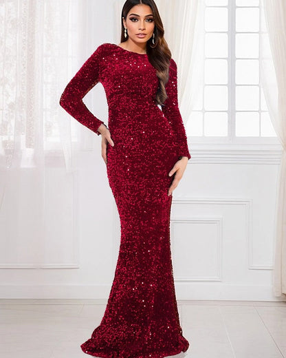 Women's Tekla long sleeve sequin evening dress in Red