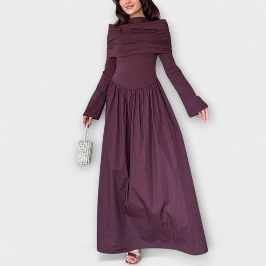 Theresa pleated long sleeve maxi dress in burgundy, front view