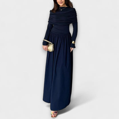 Pleated long sleeve maxi dress in navy blue