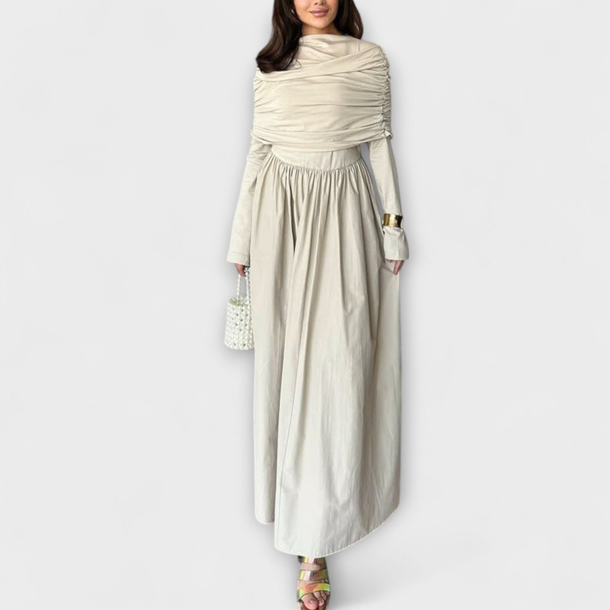 Pleated long sleeve maxi dress in white