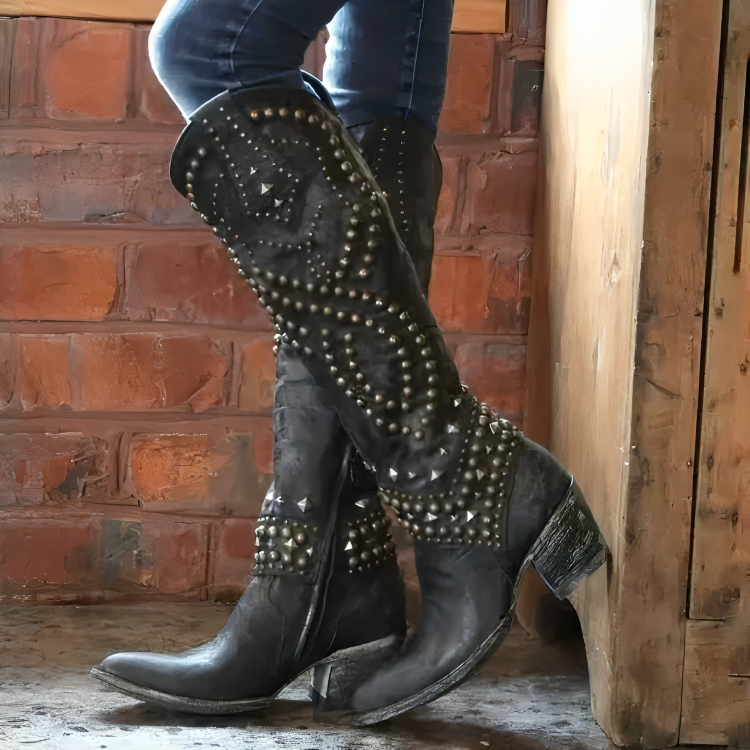 Women's Thyra studded knee-high western boots in Black