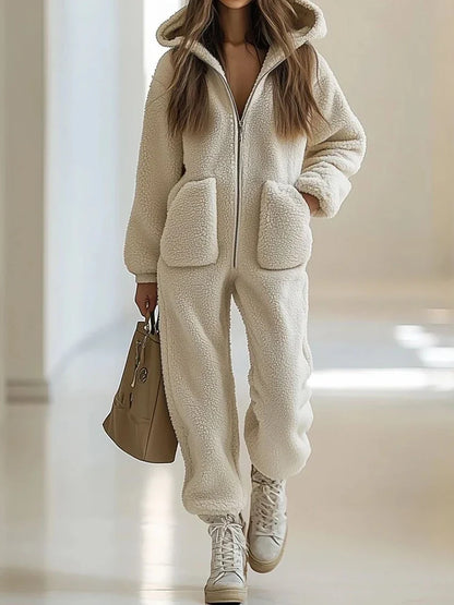 Trudy hooded zip-up jumpsuit in white, front view