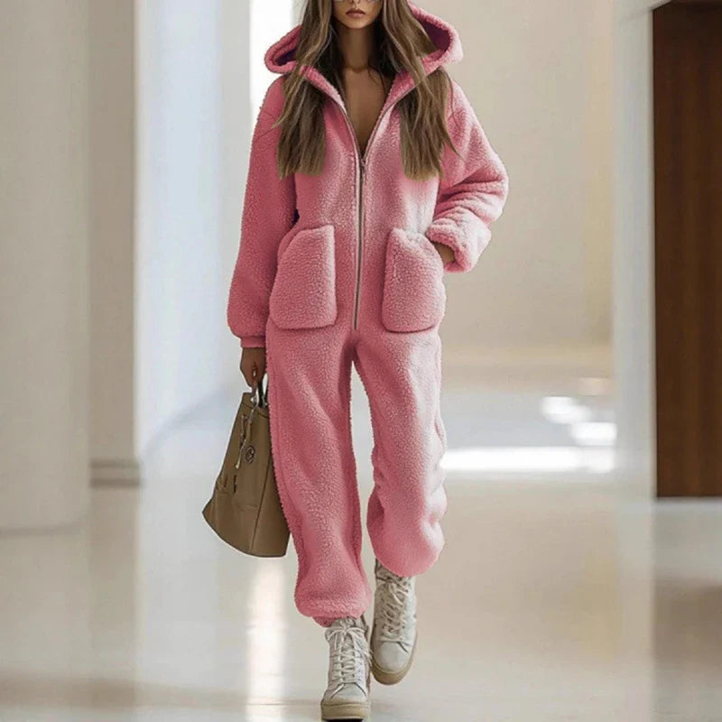 Hooded zip-up jumpsuit in pink