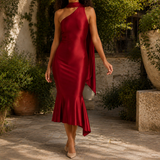 Vittoria one-shoulder mermaid dress in red, front view