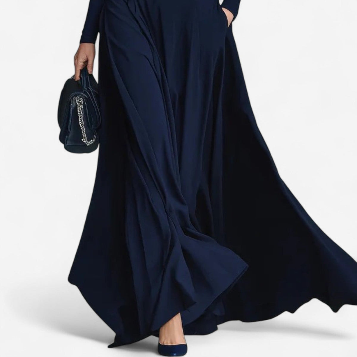 Belted mock neck maxi dress, side view