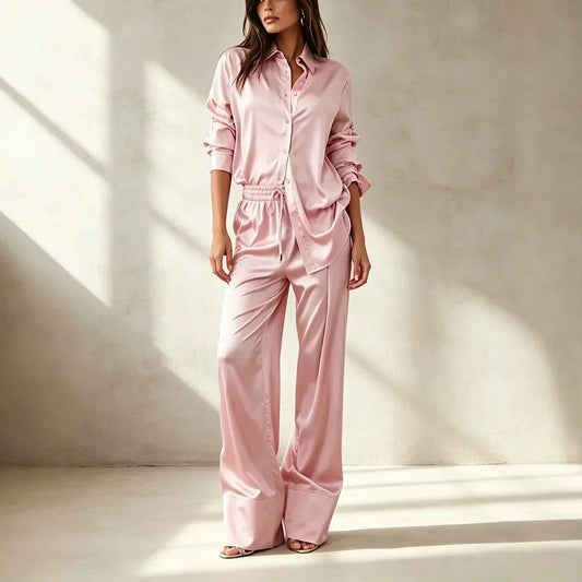 Yasmin button-up lounge set in pink, front view