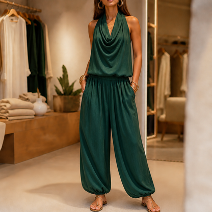 Draped halter jumpsuit in green