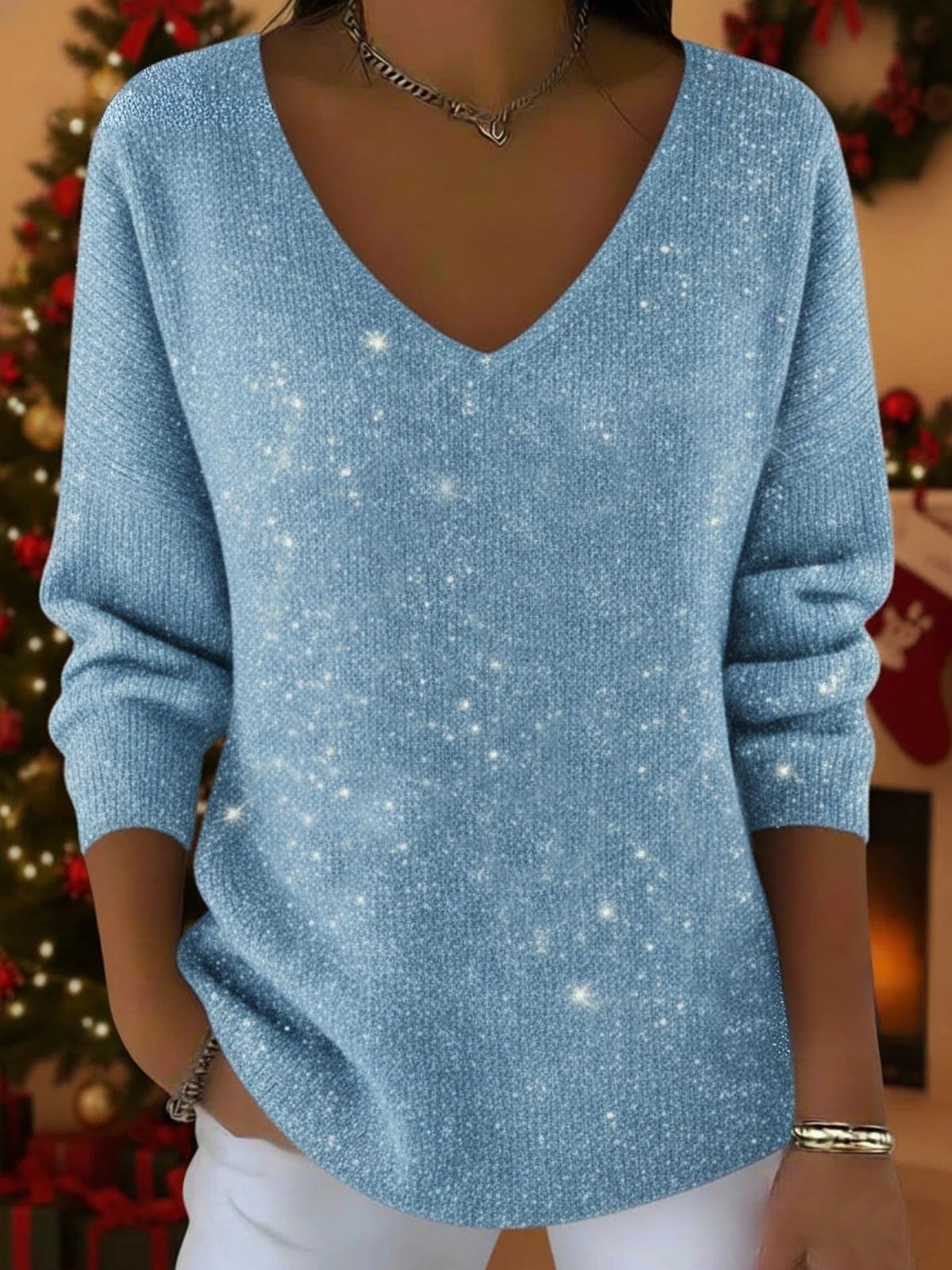 Women's Zinnia sparkly V-neck long sleeve top in Blue
