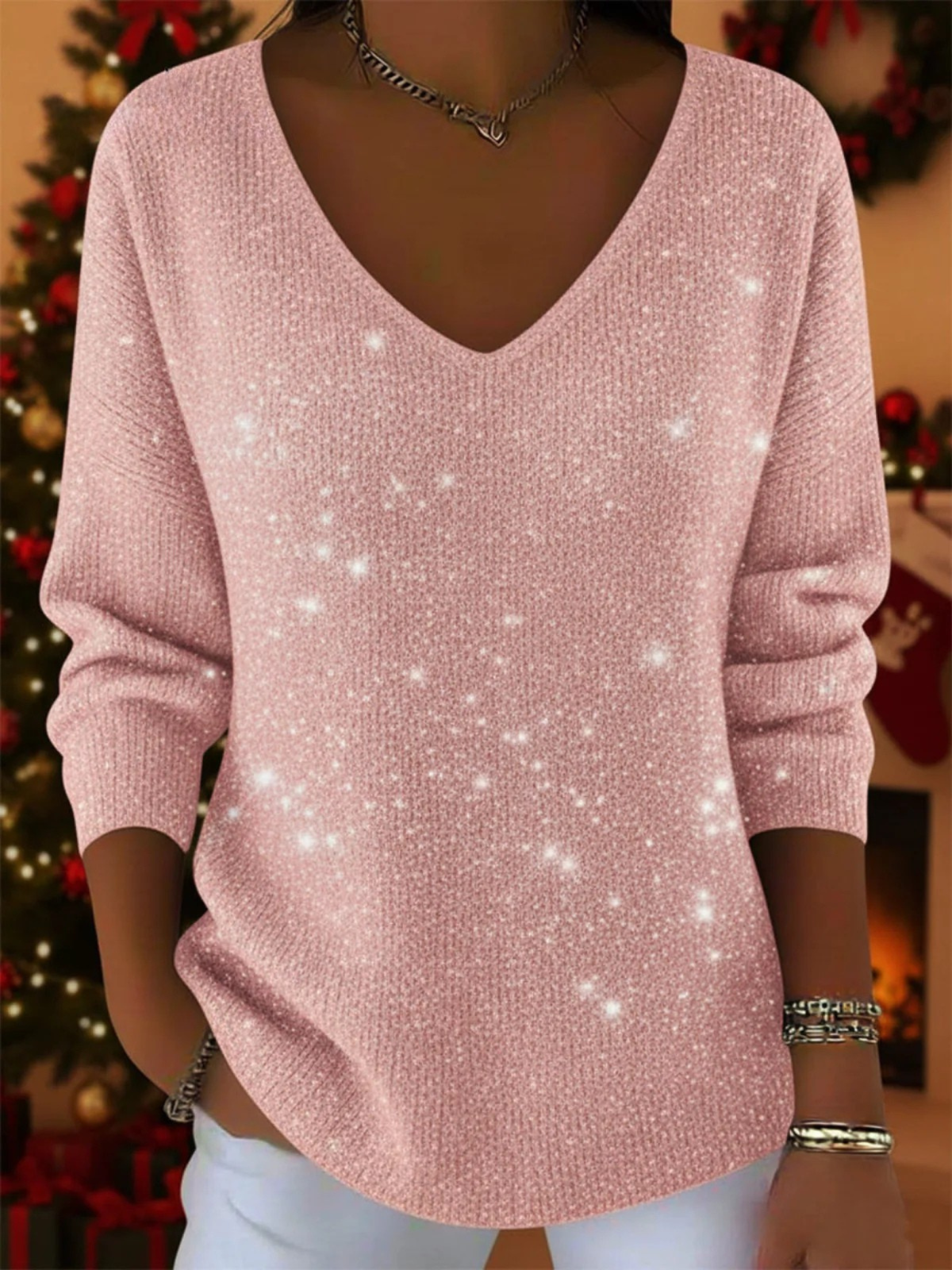 Women's Zinnia sparkly V-neck long sleeve top in Pink